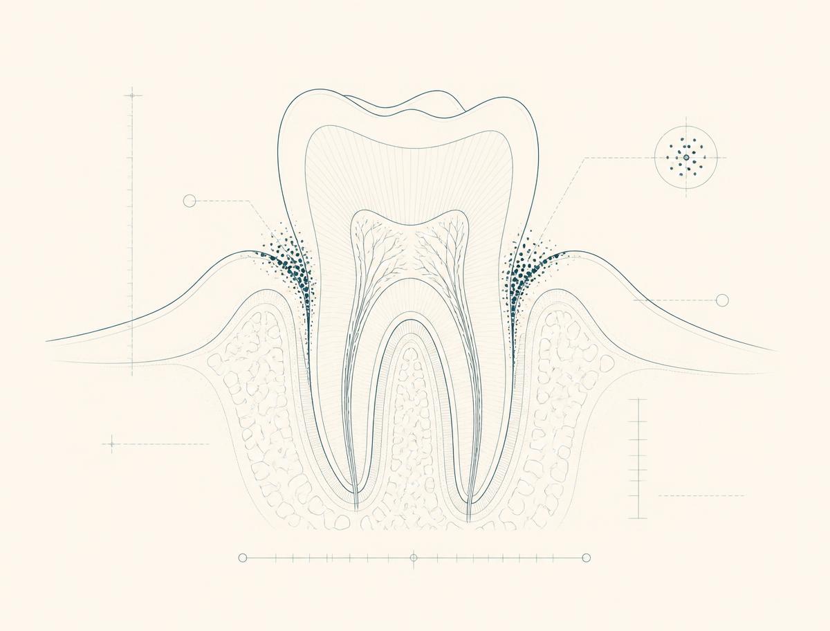 Fine-line technical diagram of a tooth in cross-section with bacterial clusters marked along the gum line